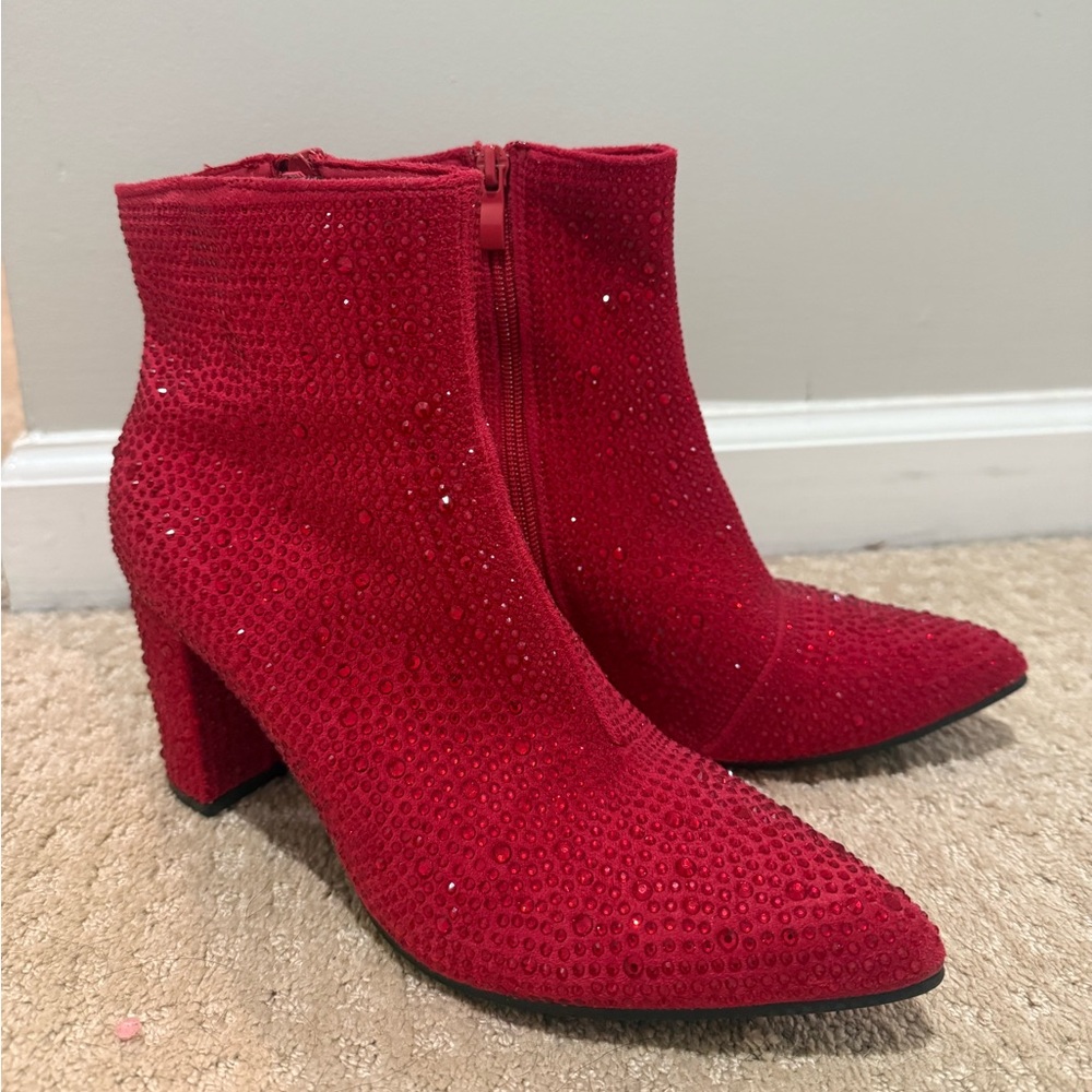 Red rhinestone ankle bootie, size 8, 3 inch heel
